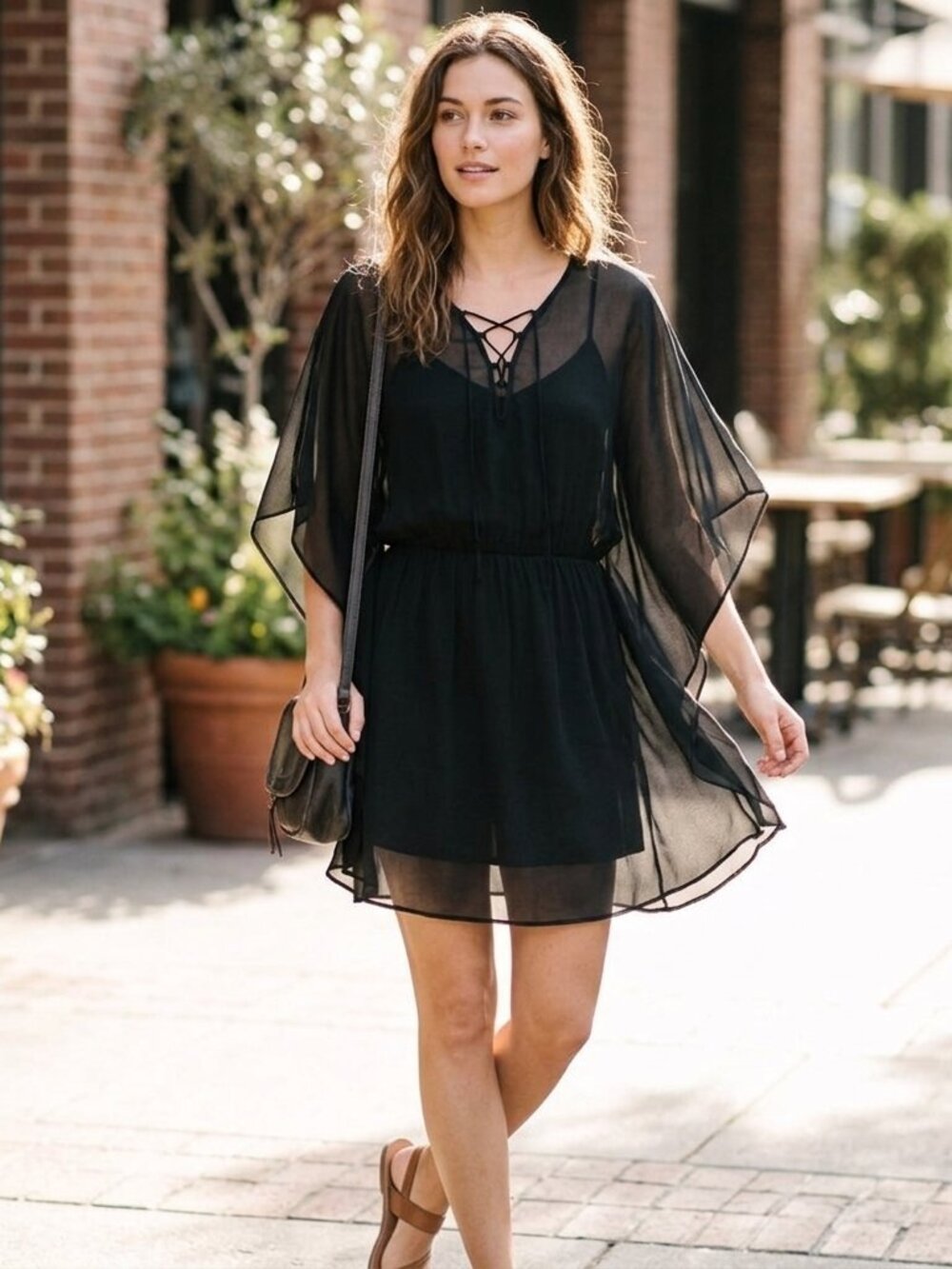 Express Black Lace Up Sheer Butterfly Sleeve Mini Dress XS